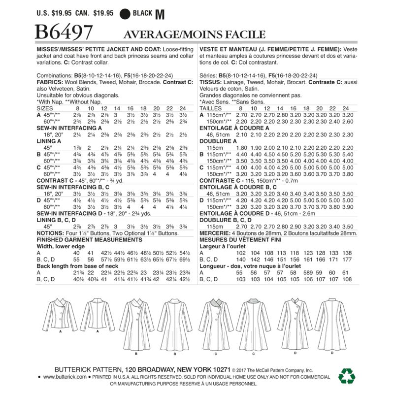 Patron Butterick 6497/B5 - Veste et manteau