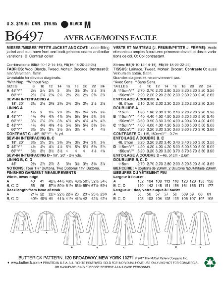 Patron Butterick 6497/B5 - Veste et manteau