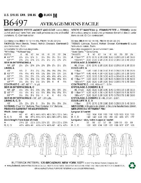 Patron Butterick 6497/B5 - Veste et manteau