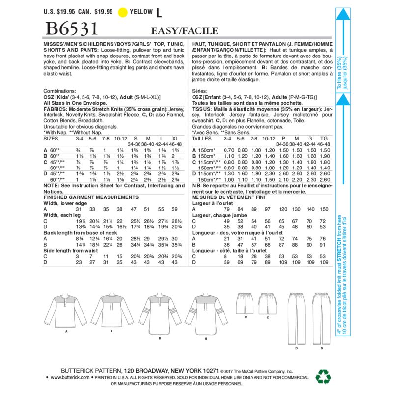 Patron Butterick 6531/OSZ - Haut, tunique, short et pantalon