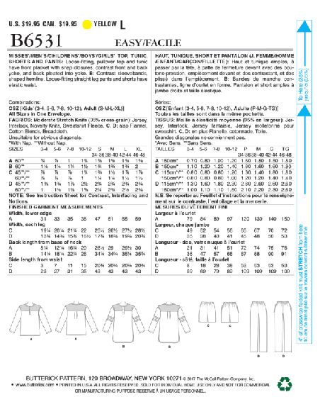 Patron Butterick 6531/OSZ - Haut, tunique, short et pantalon