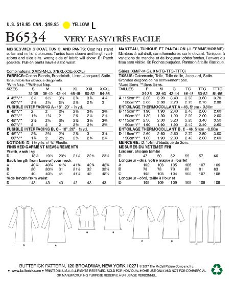 Patron Butterick 6534/XM - Manteau, tunique et pantalon