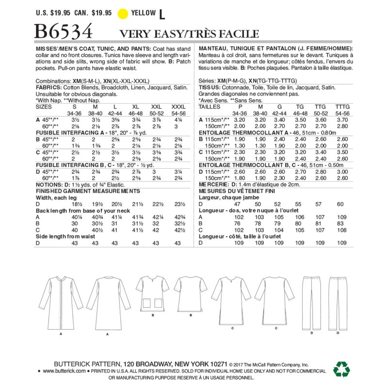 Patron Butterick 6534/XM - Manteau, tunique et pantalon
