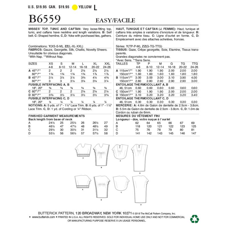 Patron Butterick 6559/Y - Haut, tunique et caftan