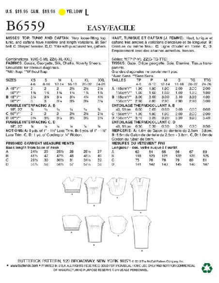 Patron Butterick 6559/Y - Haut, tunique et caftan