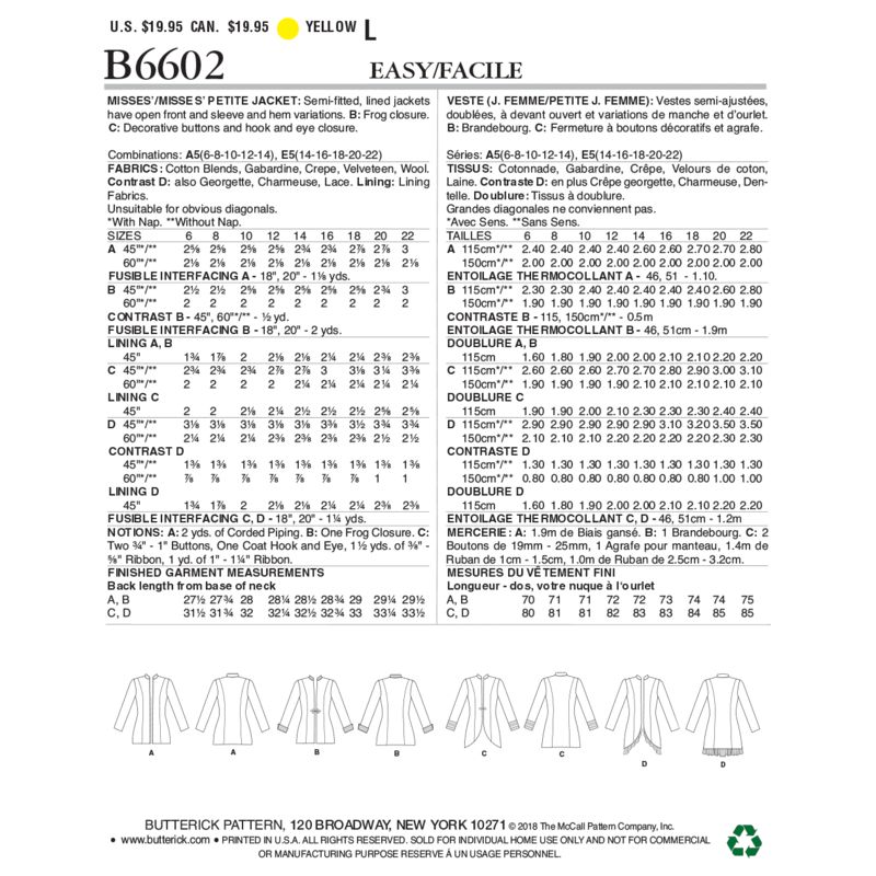 Patron Butterick 6602/A5 - Veste