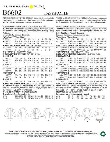 Patron Butterick 6602/A5 - Veste