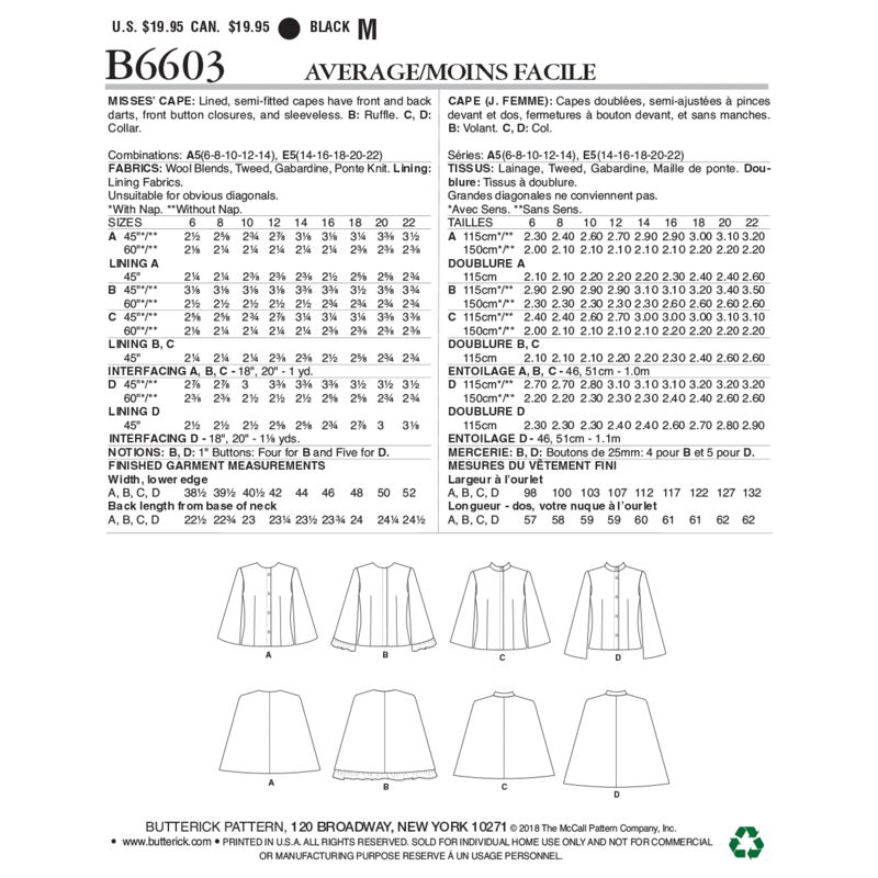 Patron Butterick 6603/A5 - Cape