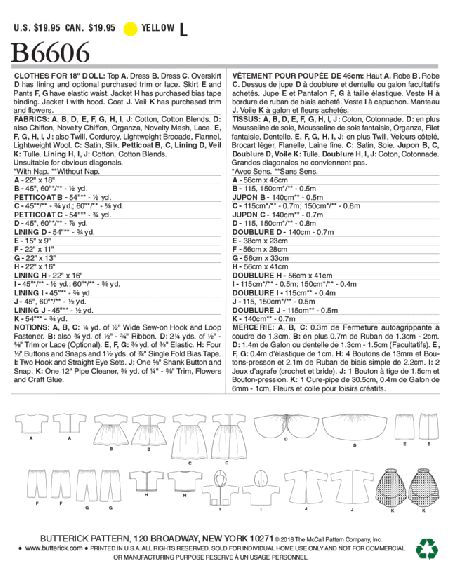 Patron Butterick 6606/OSZ - Vêtement pour poupée de 46cm