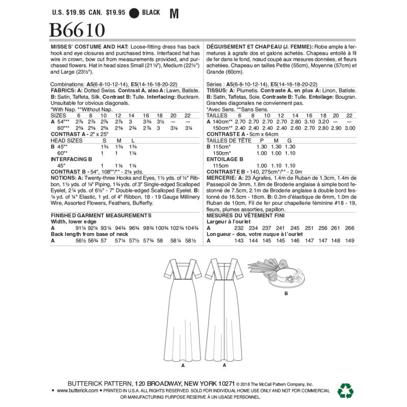 Patron Butterick 6610/A5 - Déguisement et chapeau