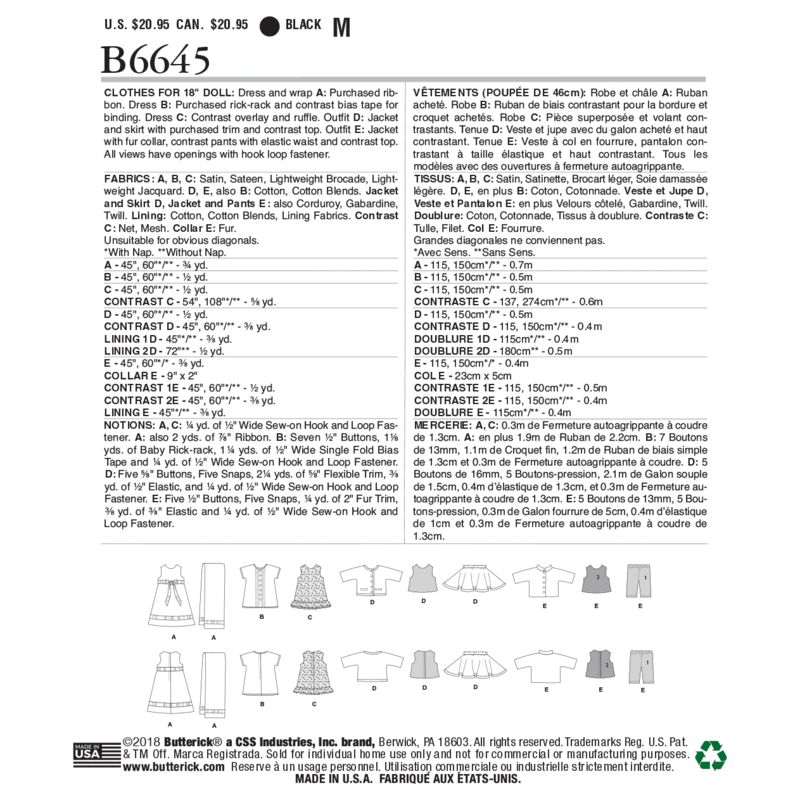 Patron Butterick 6645/OSZ - Vêtement pour poupée de 46cm
