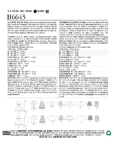 Patron Butterick 6645/OSZ - Vêtement pour poupée de 46cm