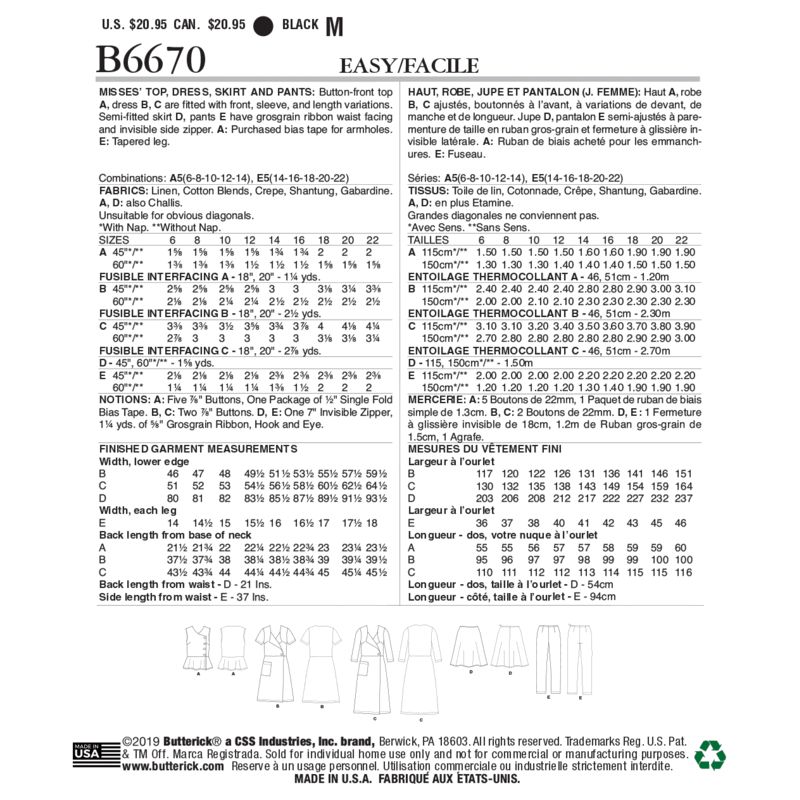 Patron Butterick 6670/A5 - Haut, robe, jupe et pantalon