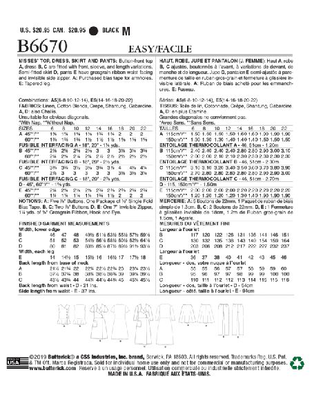 Patron Butterick 6670/A5 - Haut, robe, jupe et pantalon