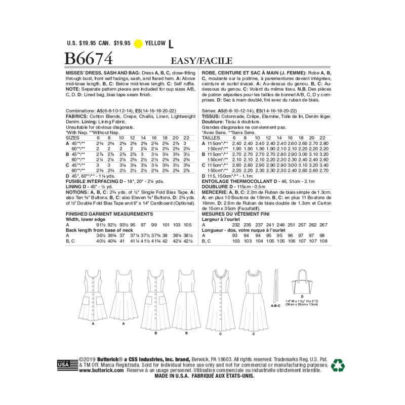 Patron Butterick 6674/A5 - Robe, ceinture et sac à main