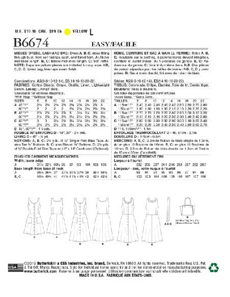 Patron Butterick 6674/A5 - Robe, ceinture et sac à main