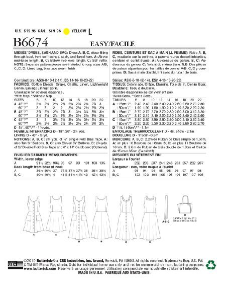 Patron Butterick 6674/A5 - Robe, ceinture et sac à main