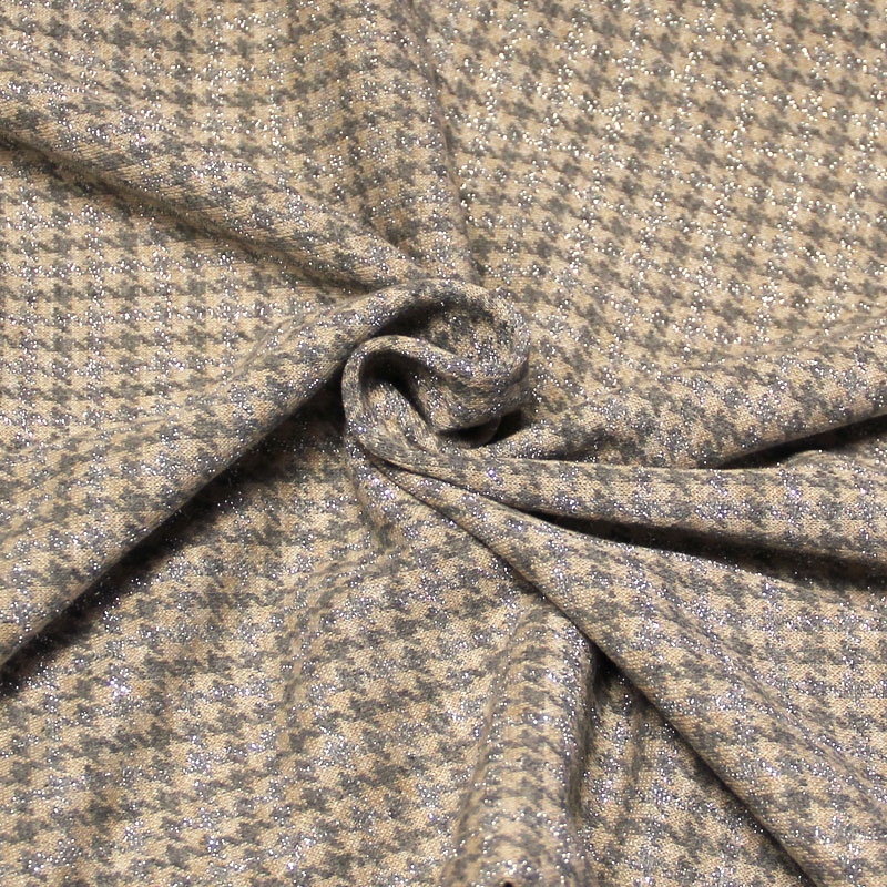 Jersey viscose fantaisie - Pied-de-poule gris & argent fond beige