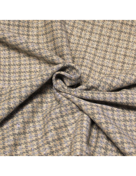 Jersey viscose fantaisie - Pied-de-poule gris & argent fond beige