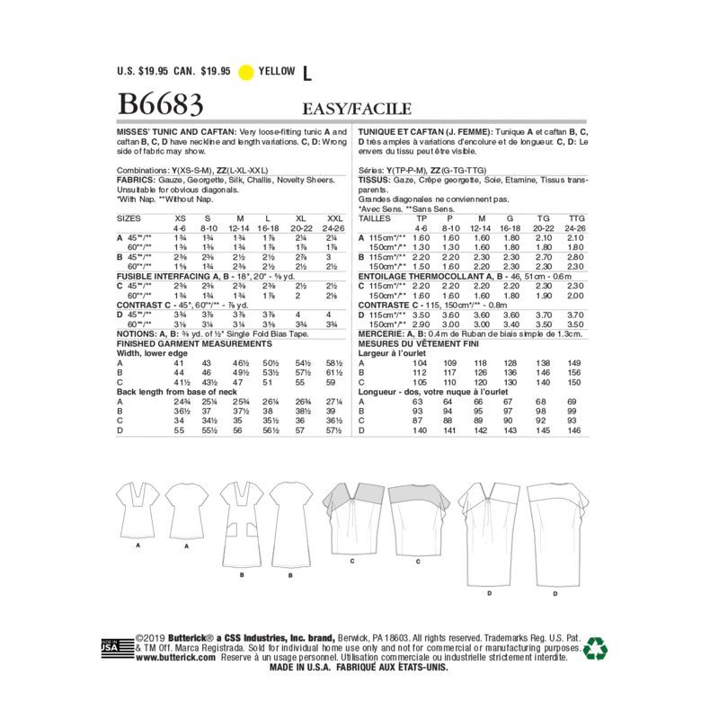 Patron Butterick 6683/Y - Tunique et caftan