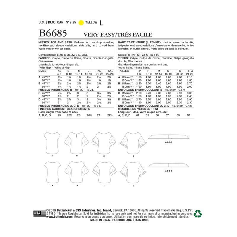 Patron Butterick 6685/Y - Haut et ceinture