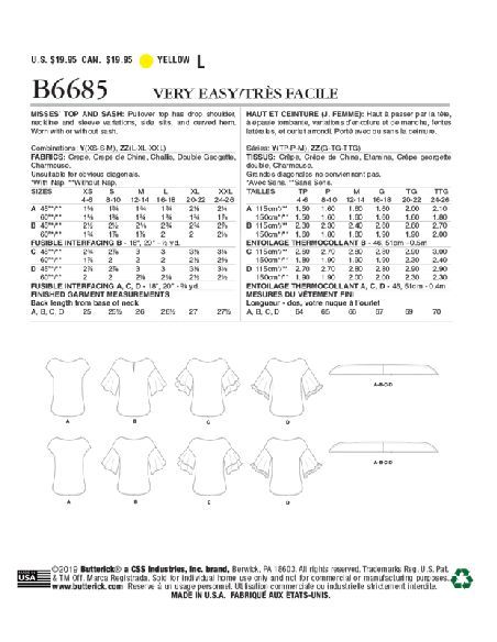 Patron Butterick 6685/Y - Haut et ceinture
