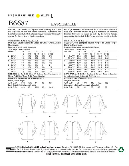 Patron Butterick 6687/Y - Haut