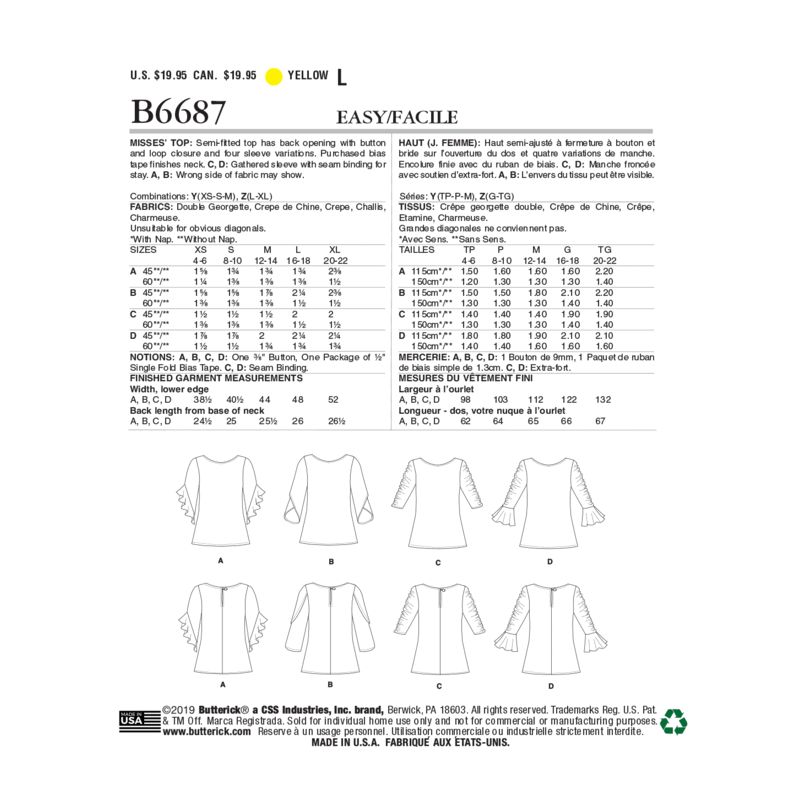 Patron Butterick 6687/Y - Haut