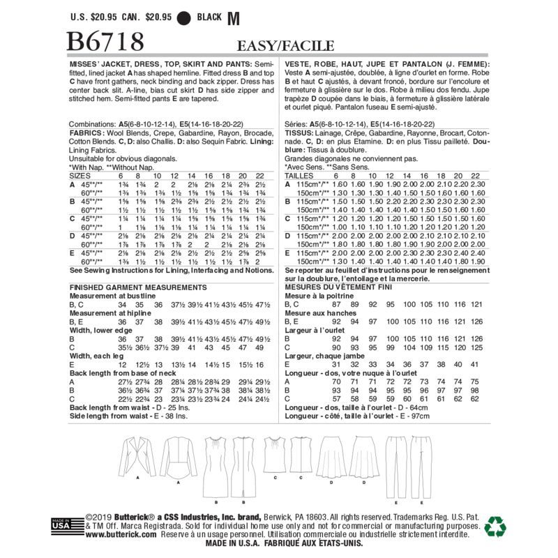Patron Butterick 6718/A5 - Veste, robe, haut, jupe et pantalon