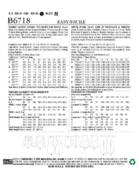 Patron Butterick 6718/A5 - Veste, robe, haut, jupe et pantalon