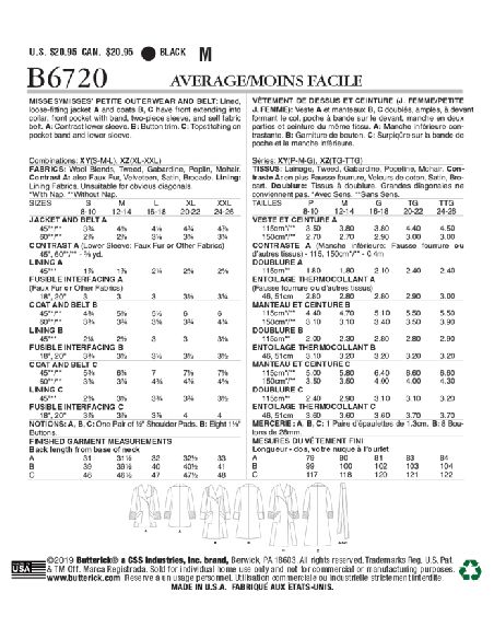 Patron Butterick 6720/XY- Vêtement de dessus et ceinture