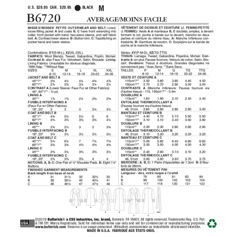 Patron Butterick 6720/XY- Vêtement de dessus et ceinture