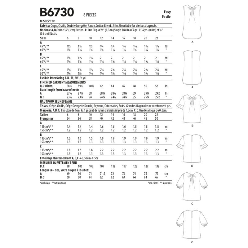 Patron Butterick 6730/A5 - Haut