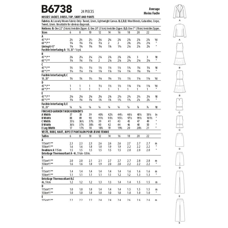 Patron Butterick 6738/A5 - Veste, robe, haut, jupe et pantalon