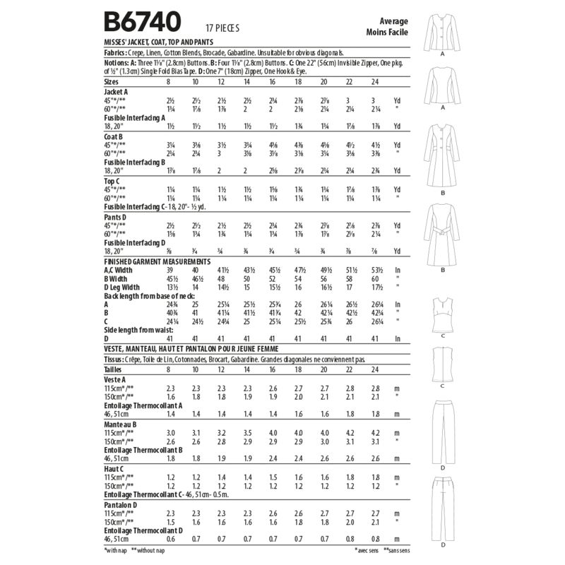 Patron Butterick 6740/B5 - Veste, manteau, haut et pantalon