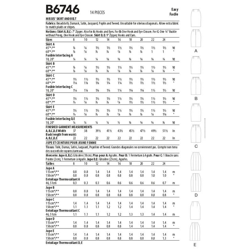 Patron Butterick 6746/BB - Jupe et ceinture