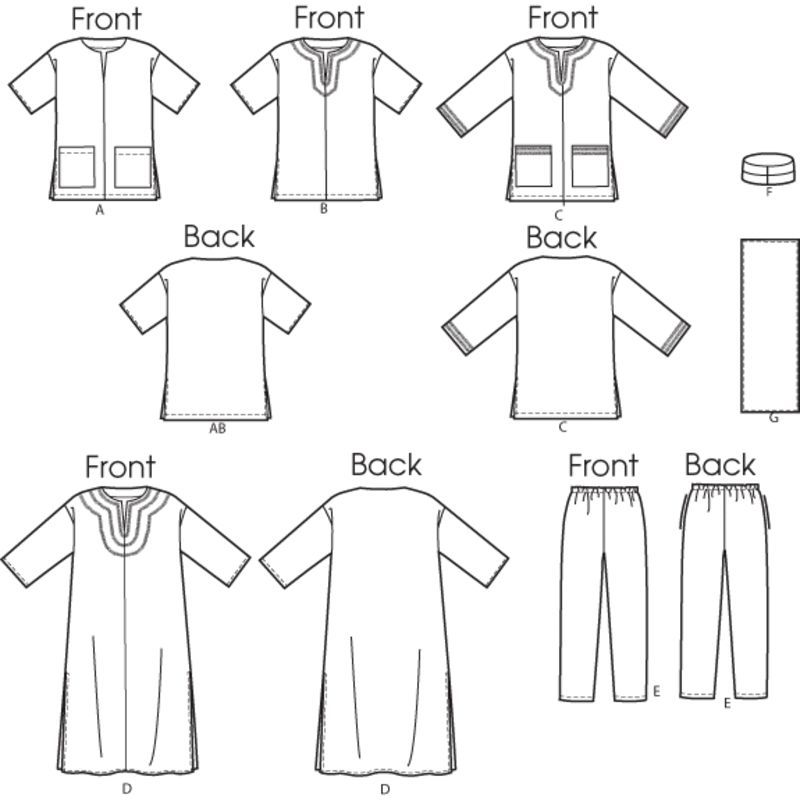 Patron Butterick 6748/XM - Tunique, caftan, pantalon, chapeau et bandeau