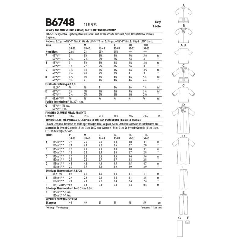 Patron Butterick 6748/XM - Tunique, caftan, pantalon, chapeau et bandeau