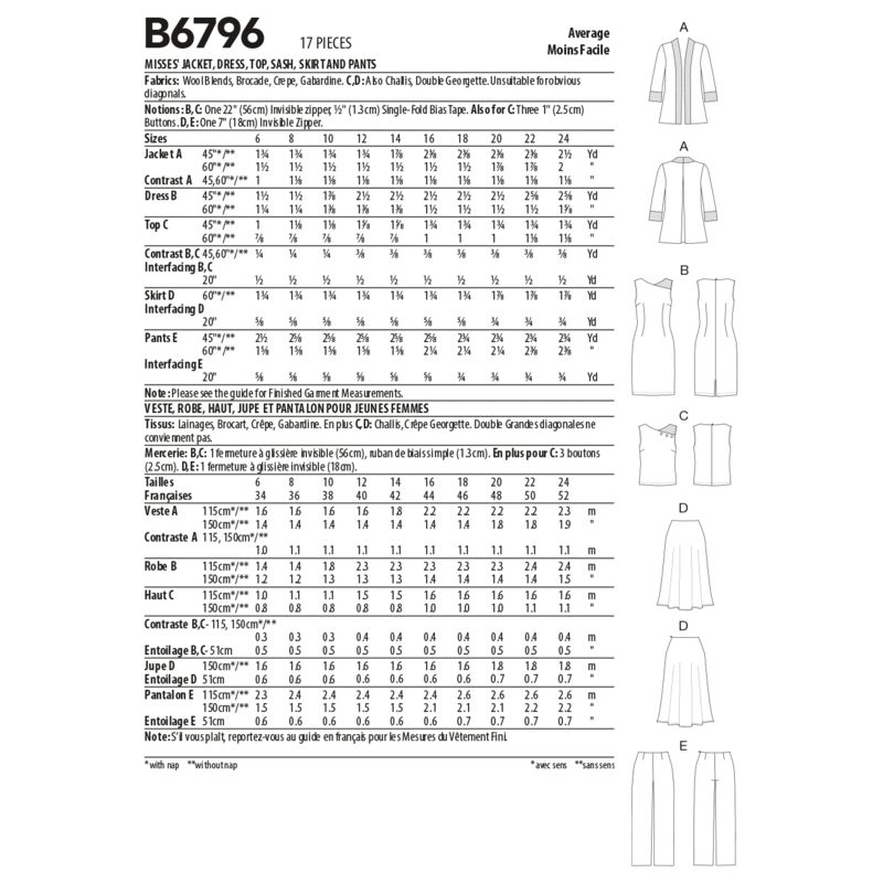 Butterick 6796/A5 - Veste, robe, jupe et pantalon