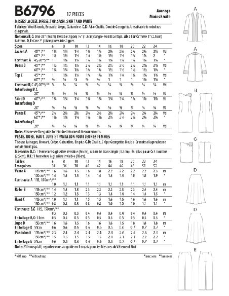 Butterick 6796/A5 - Veste, robe, jupe et pantalon