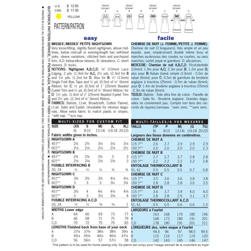 Butterick 6838/XS - Chemise de nuit