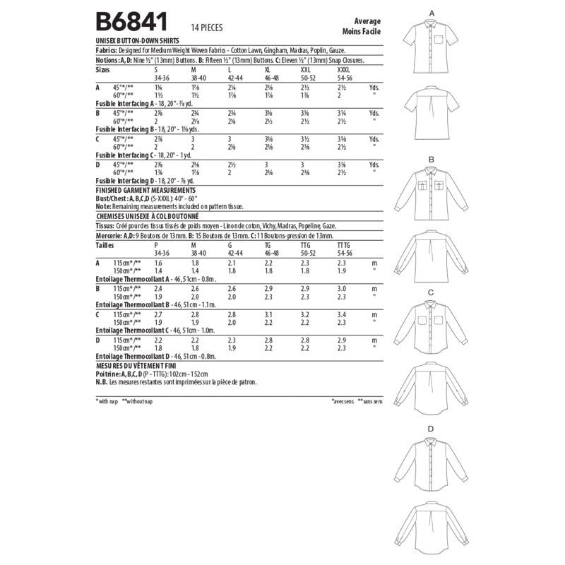 Patron Butterick 6841/XM - Chemise