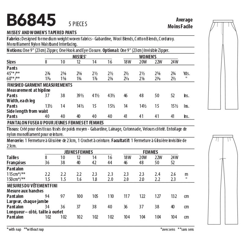 Patron Butterick 6845/A - Pantalon