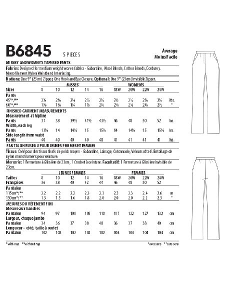 Patron Butterick 6845/A - Pantalon