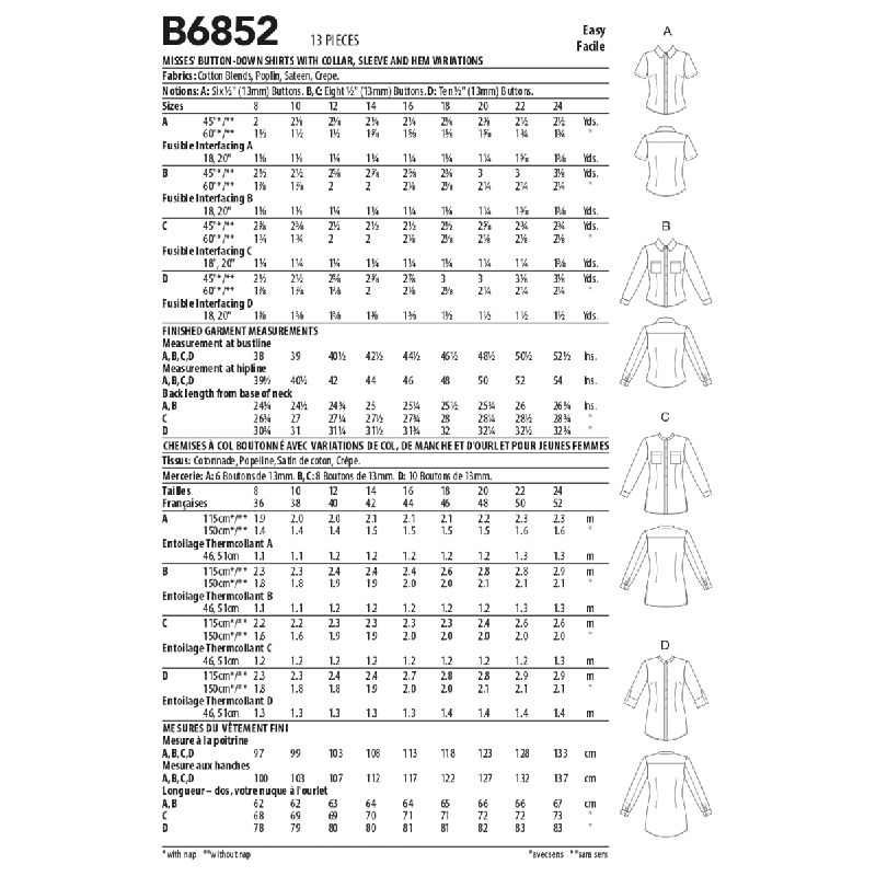 Patron Butterick 6852/B5 - Chemise