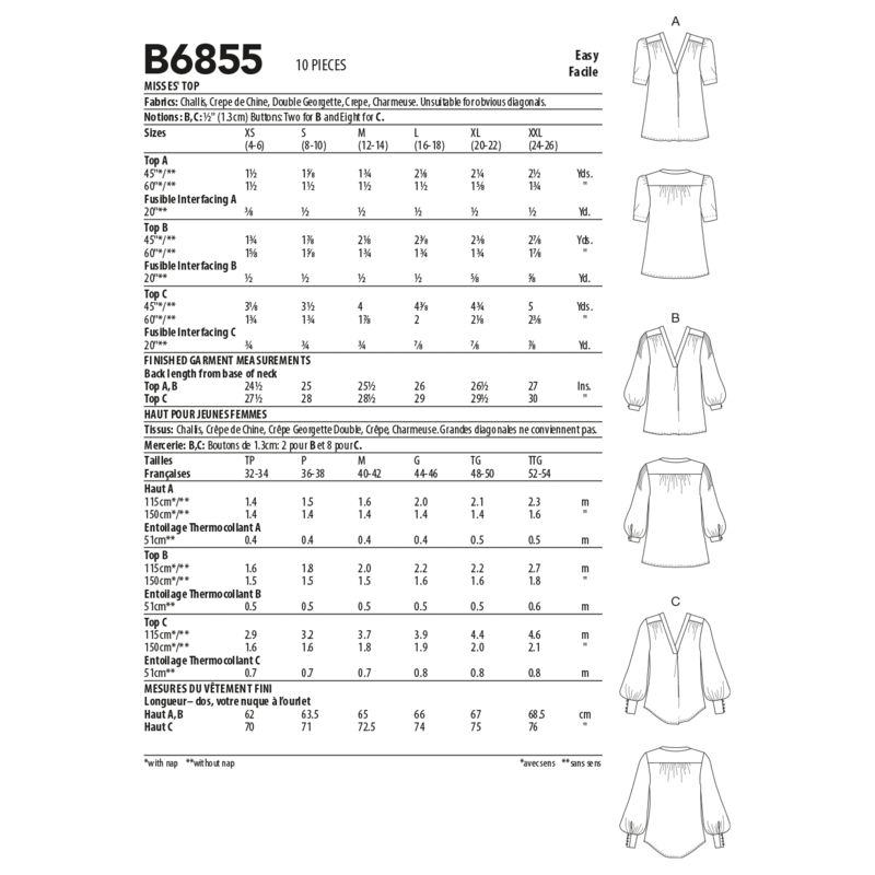 Patron Butterick 6855/A - Haut