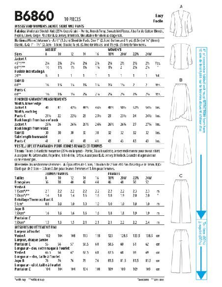 Patron Butterick 6860/B5 - Veste, jupe et pantalon
