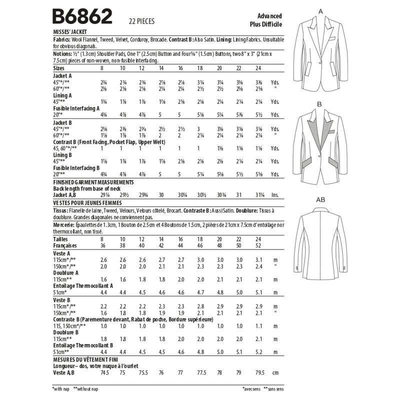 Patron Butterick 6862/B5 - Veste