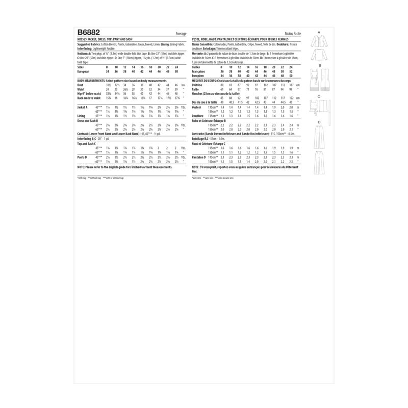 Patron Butterick 6882/B5 - Veste, robe, haut et pantalon