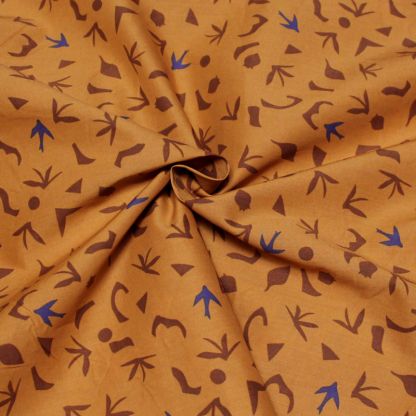 Percale 100% coton peigné luxe - Oiseau bleu & motif marron fond camel 2